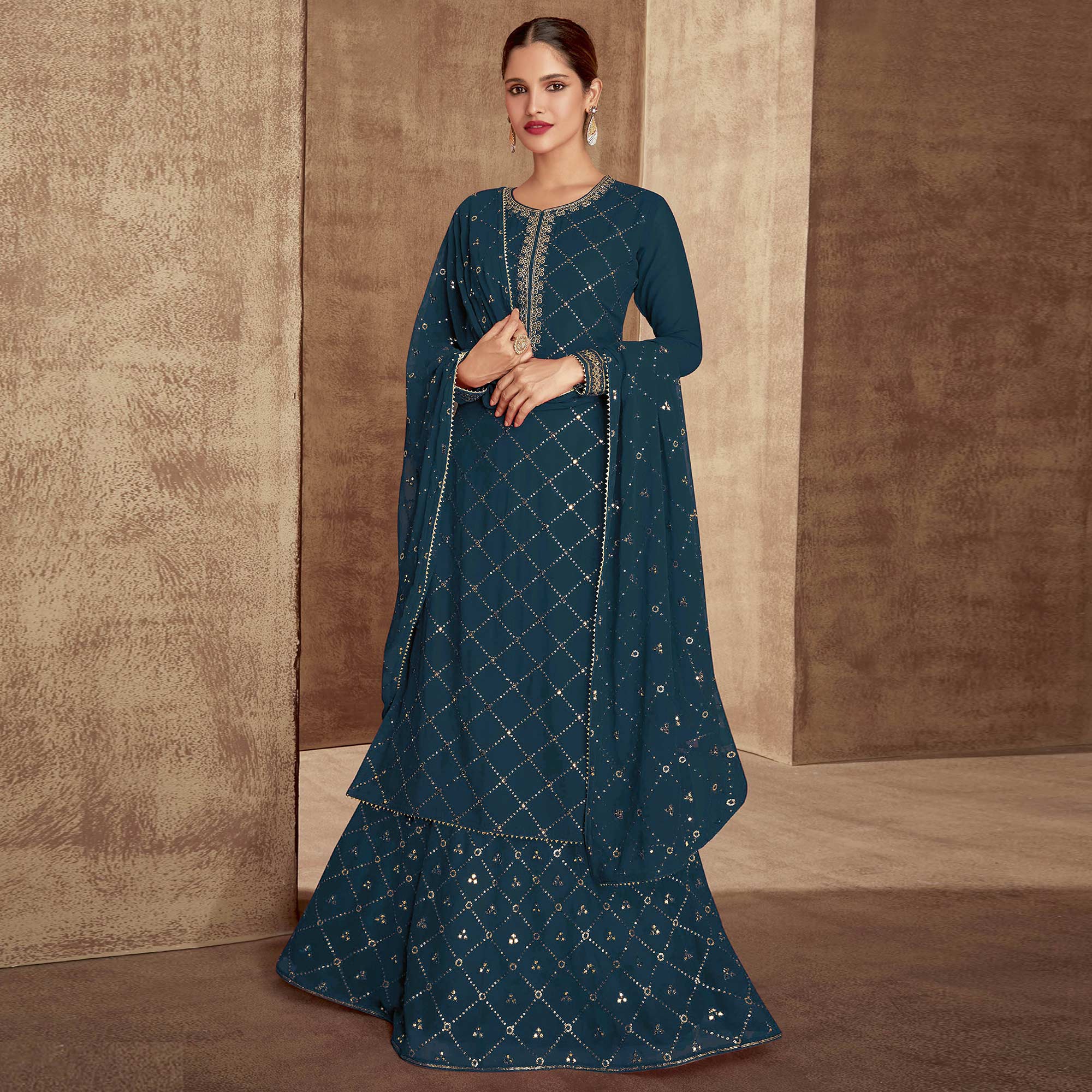 Blue Sequins Embroidered Georgette Semi Stitched Palazzo Suit
