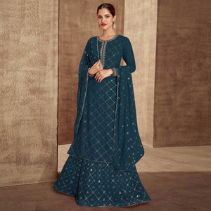 Blue Sequins Embroidered Georgette Semi Stitched Palazzo Suit
