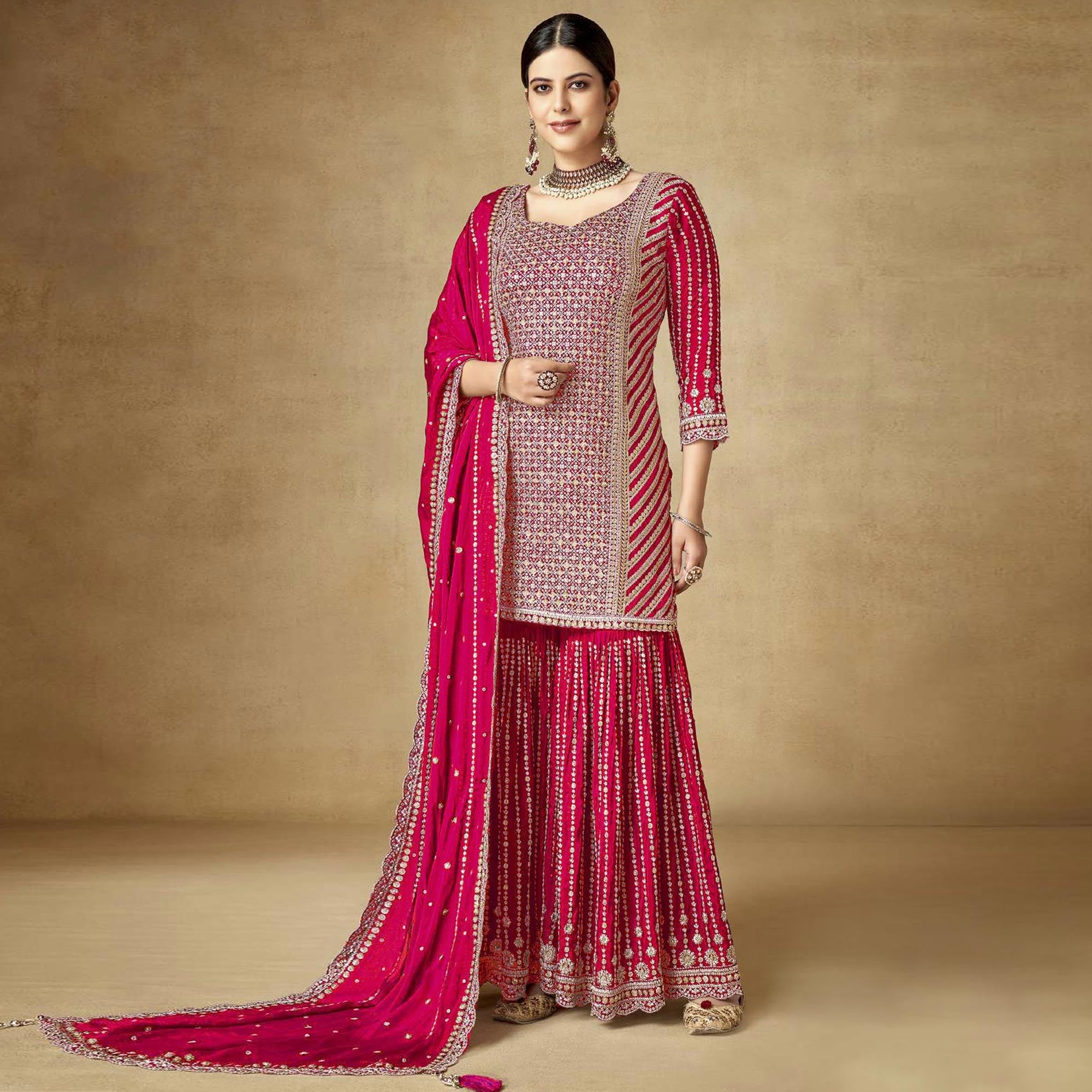 Pink Sequins Embroidered Chinon Semi Stitched Sharara Suit