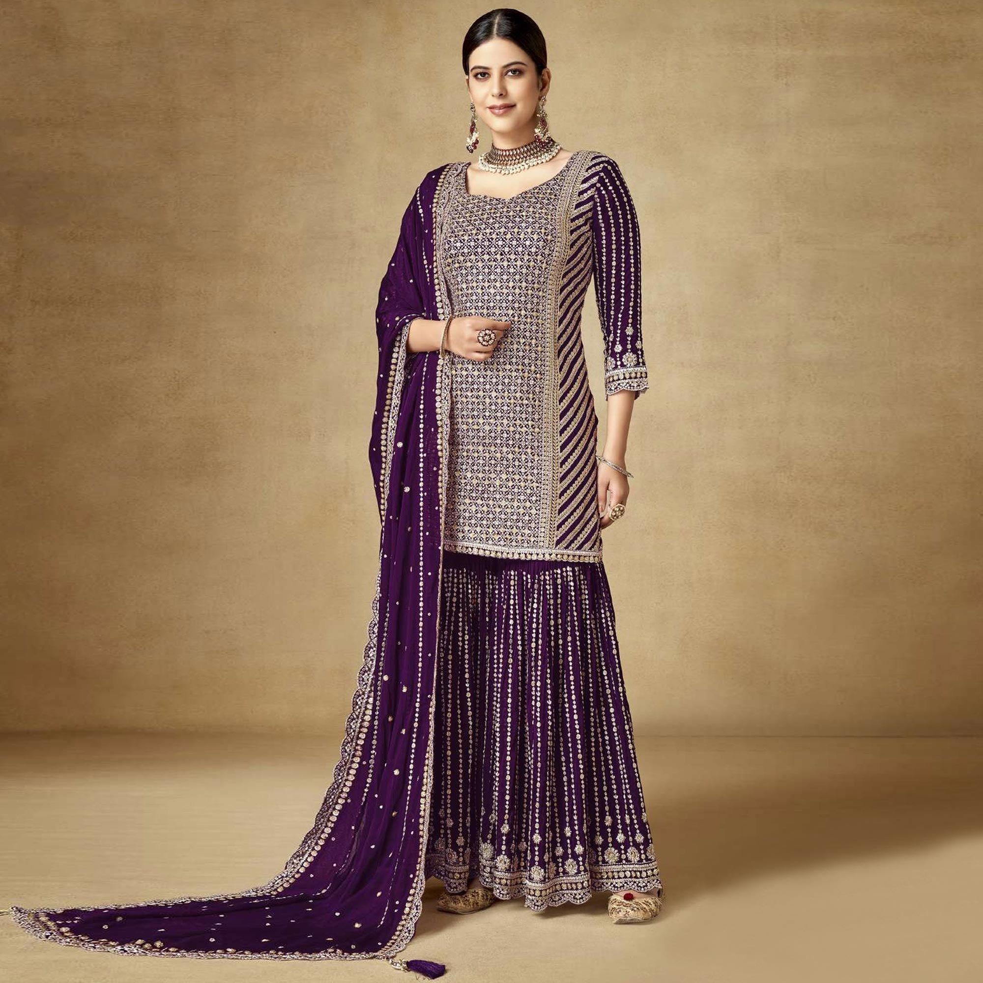 Purple Sequins Embroidered Chinon Semi Stitched Sharara Suit