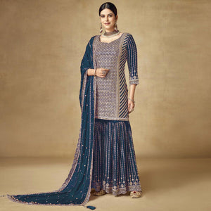 Blue Sequins Embroidered Chinon Semi Stitched Sharara Suit