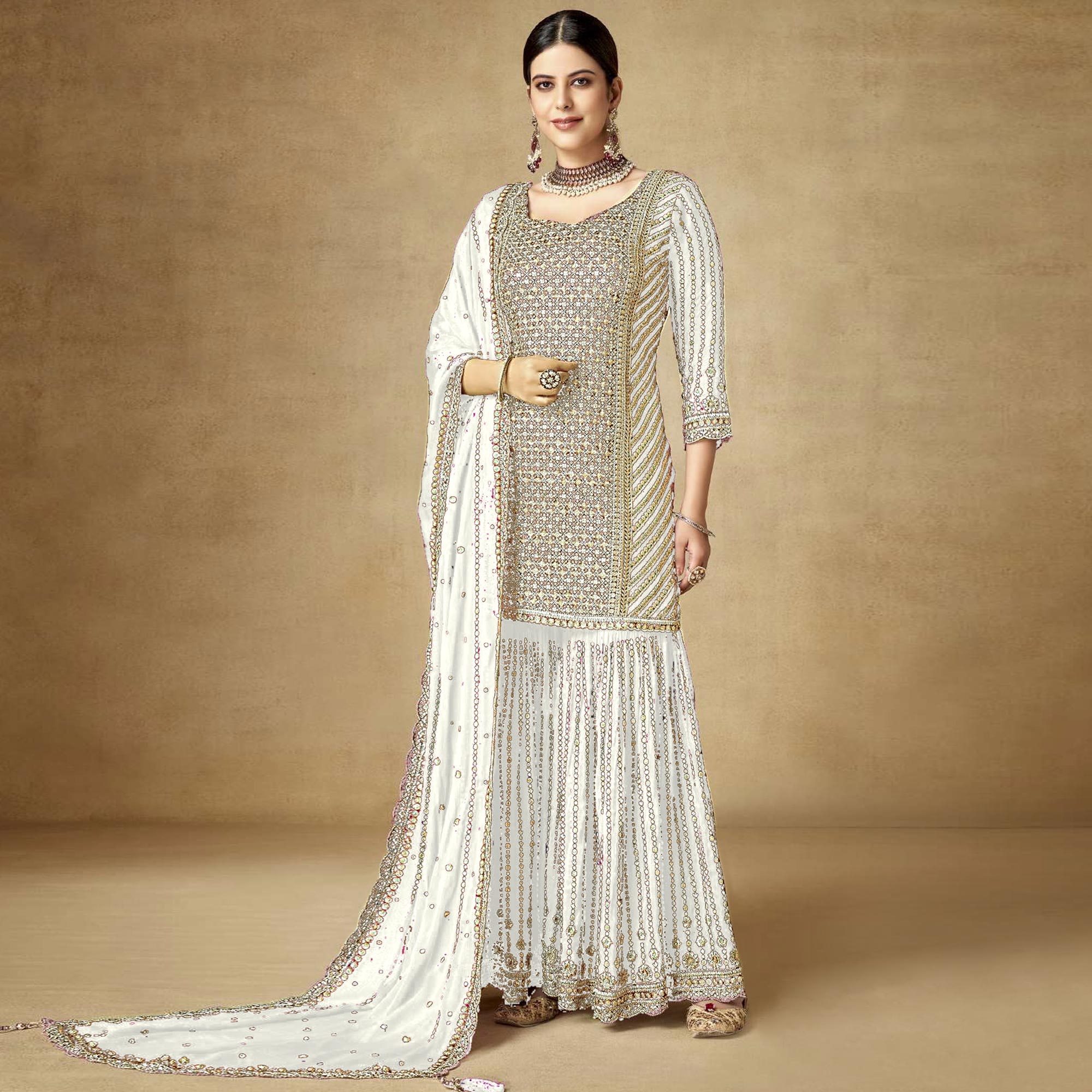 White Sequins Embroidered Chinon Semi Stitched Sharara Suit