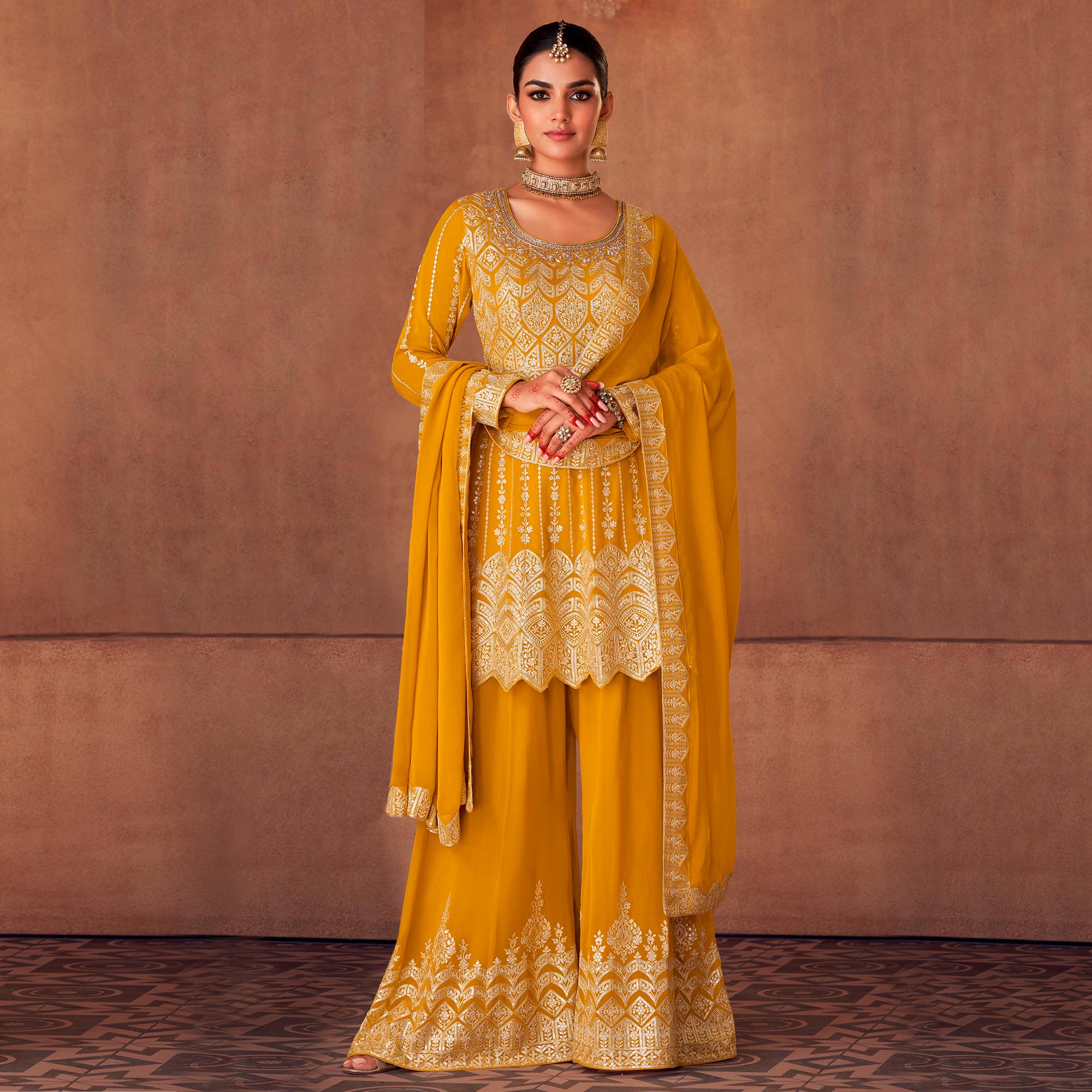 Yellow Floral Sequins Embroidered Georgette Semi Stitched Palazzo Suit