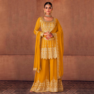 Yellow Floral Sequins Embroidered Georgette Semi Stitched Palazzo Suit