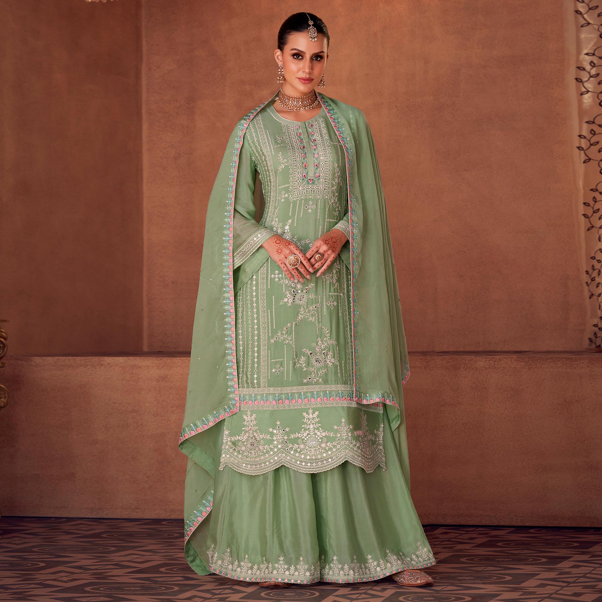 Green Floral Sequins Embroidered Georgette Semi Stitched Palazzo Suit