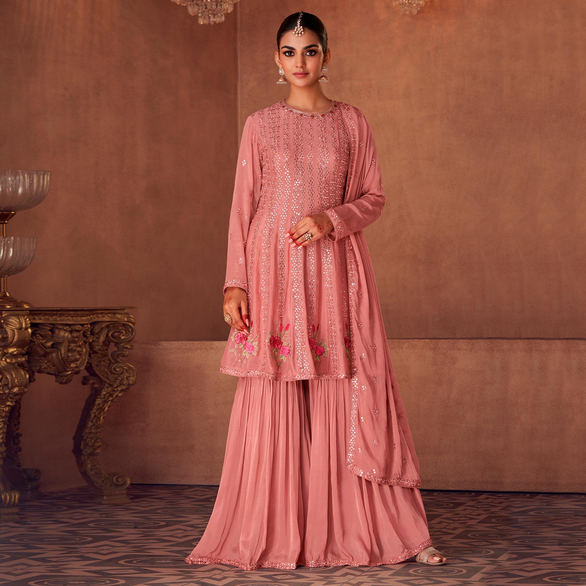 Peach Floral Sequins Embroidered Georgette Semi Stitched Sharara Suit