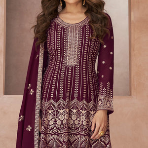 Wine Floral Embroidered Georgette Semi Stitched Suit