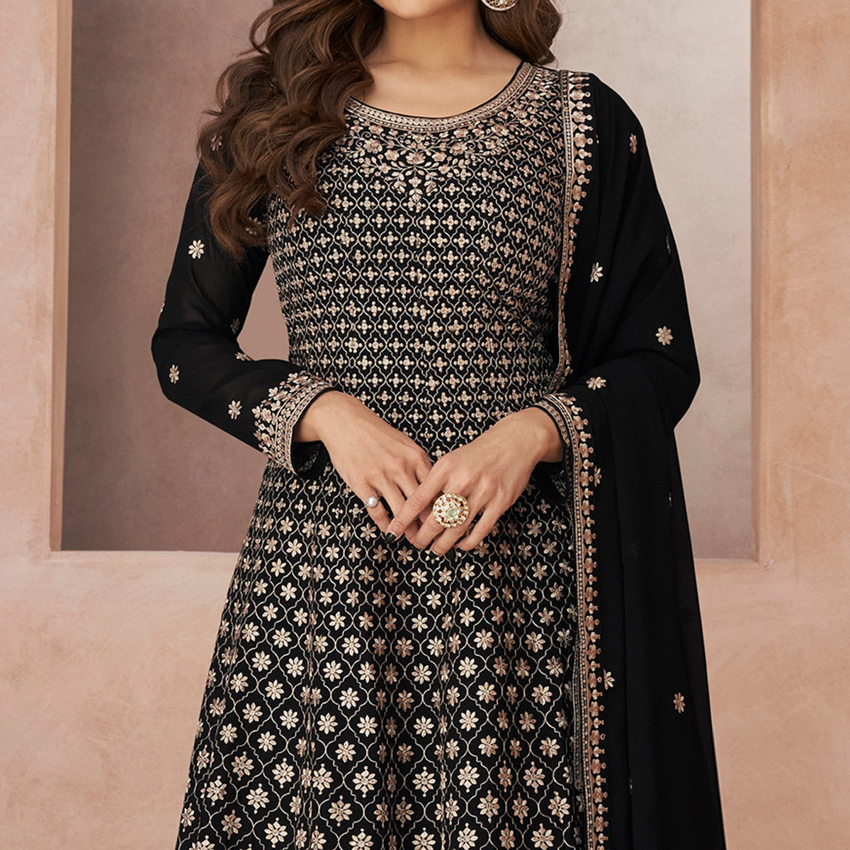 Black Floral Embroidered Georgette Semi Stitched Suit