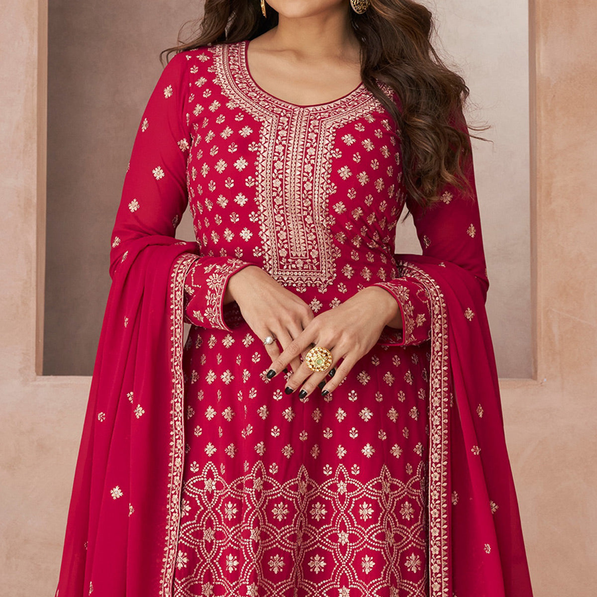 Pink Floral Embroidered Georgette Semi Stitched Suit