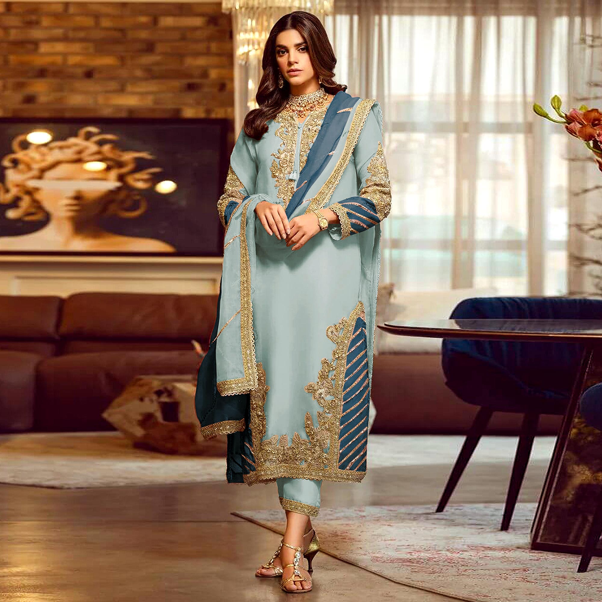 Blue Floral Embroidered Georgette Semi Stitched Pakistani Suit