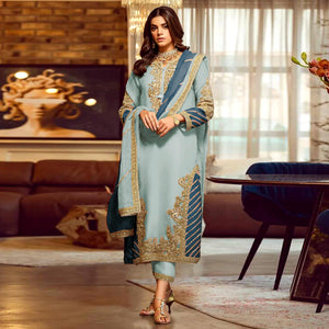 Blue Floral Embroidered Georgette Semi Stitched Pakistani Suit