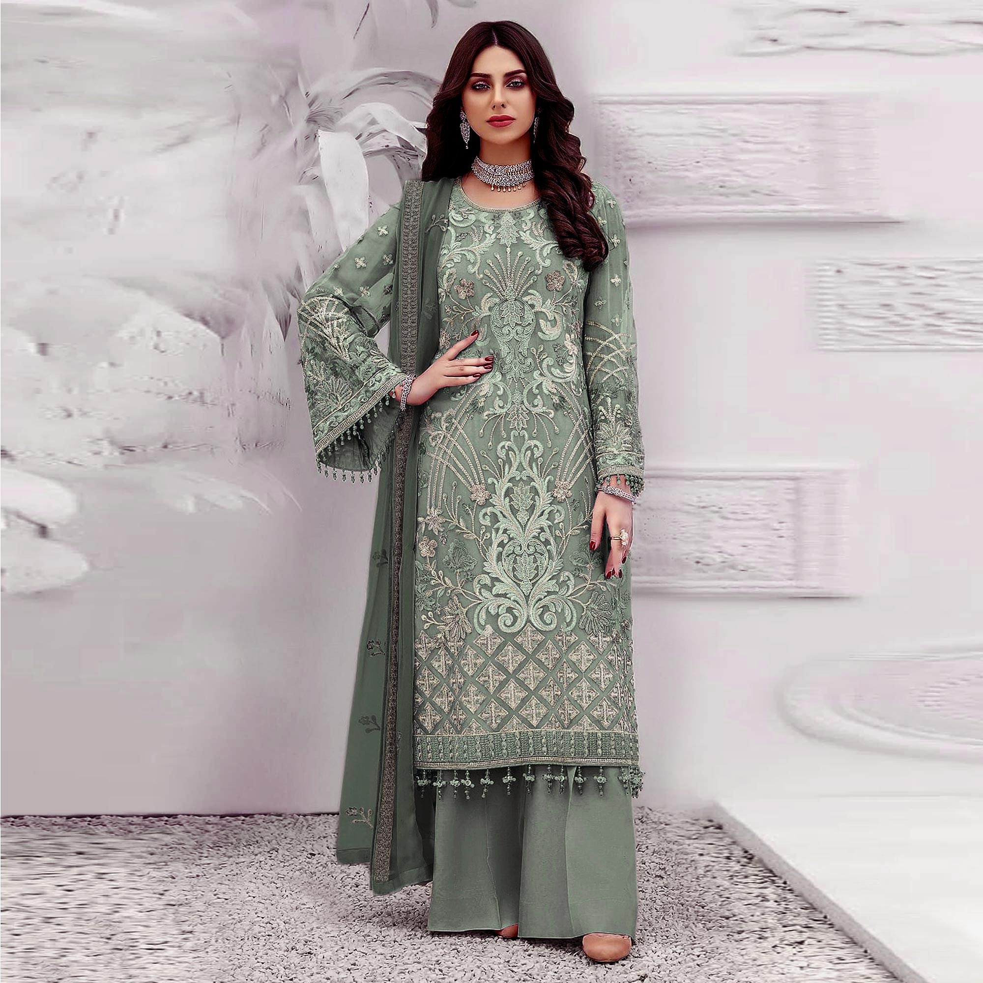 Mint Green Floral Embroidered Georgette Semi Stitched Pakistani Suit