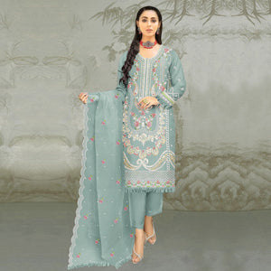 Blue Floral Embroidered Organza Semi Stitched Pakistani Suit