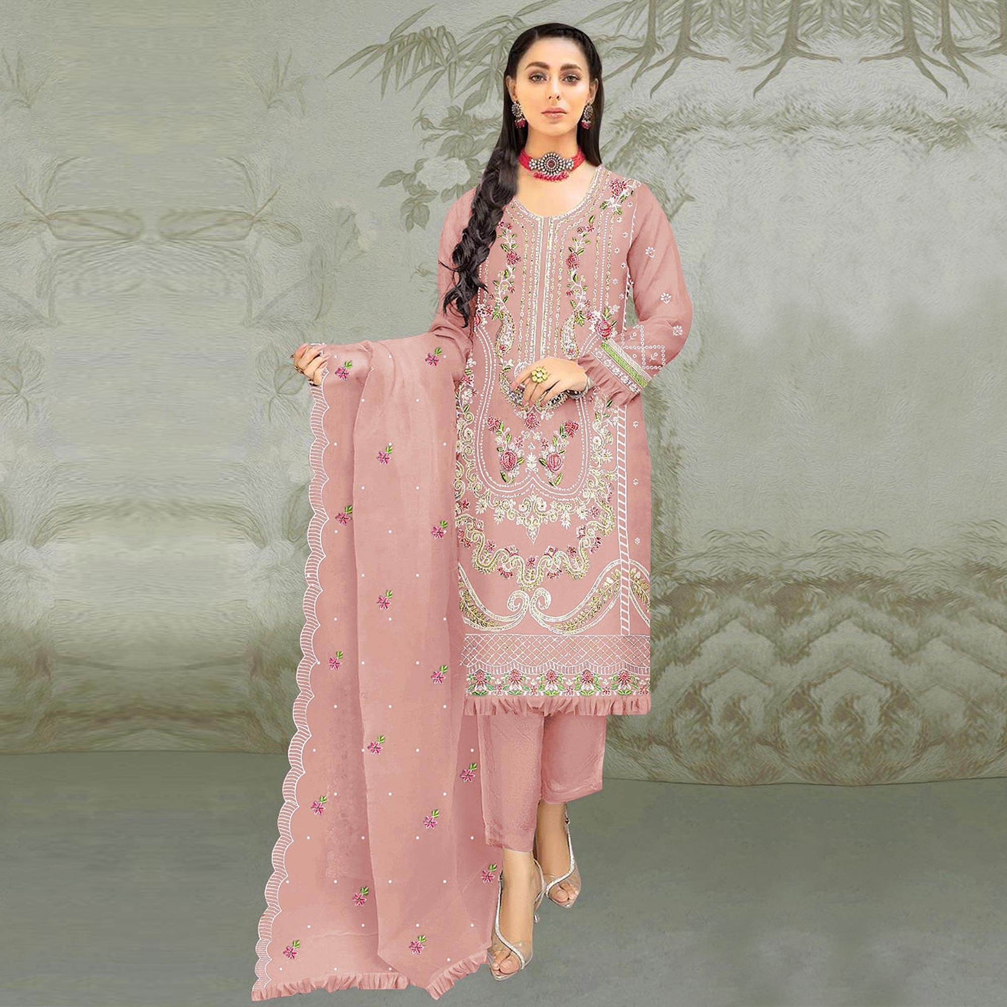 Peach Floral Embroidered Organza Semi Stitched Pakistani Suit