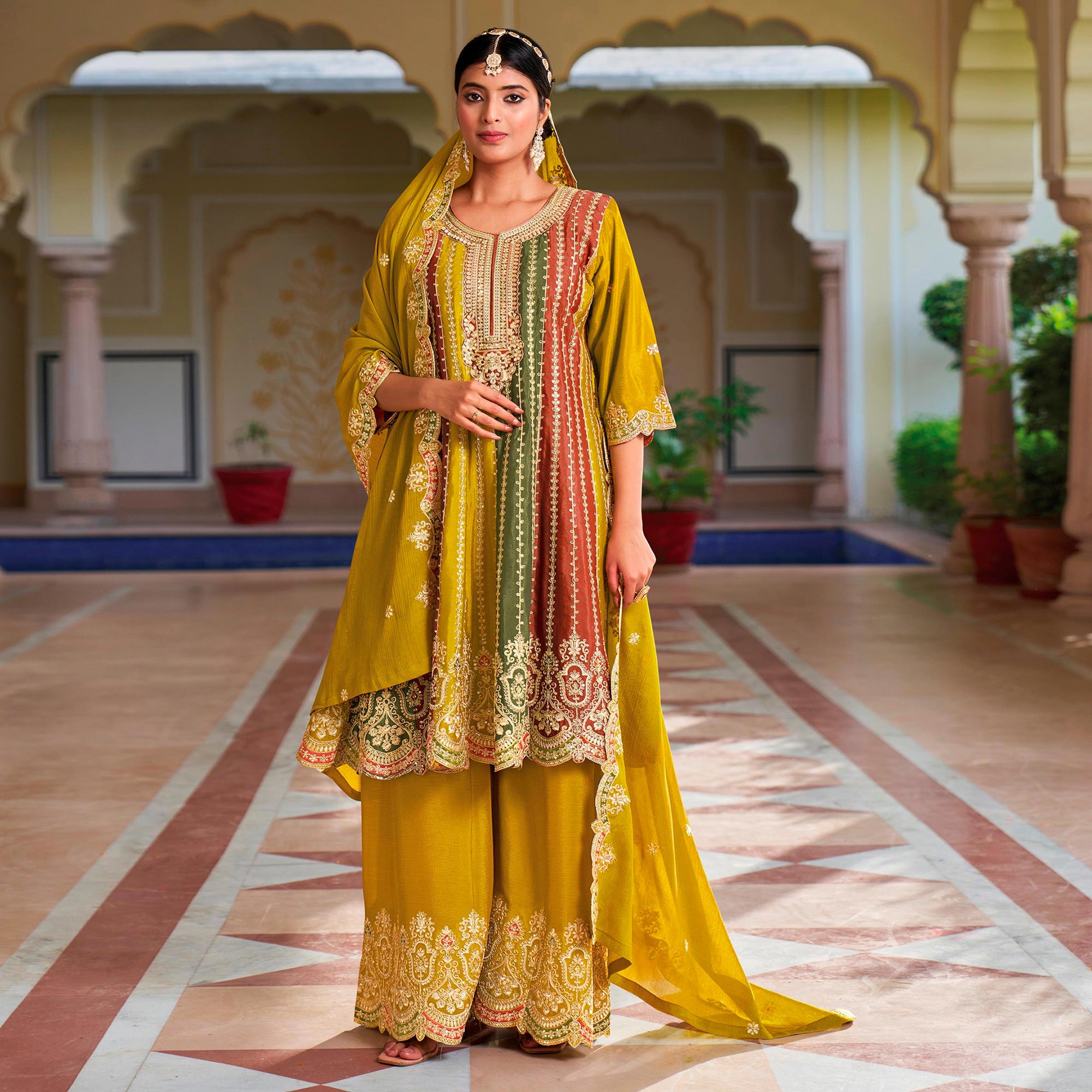 Yellow Sequins Embroidered Chinon Semi Stitched Dress Material