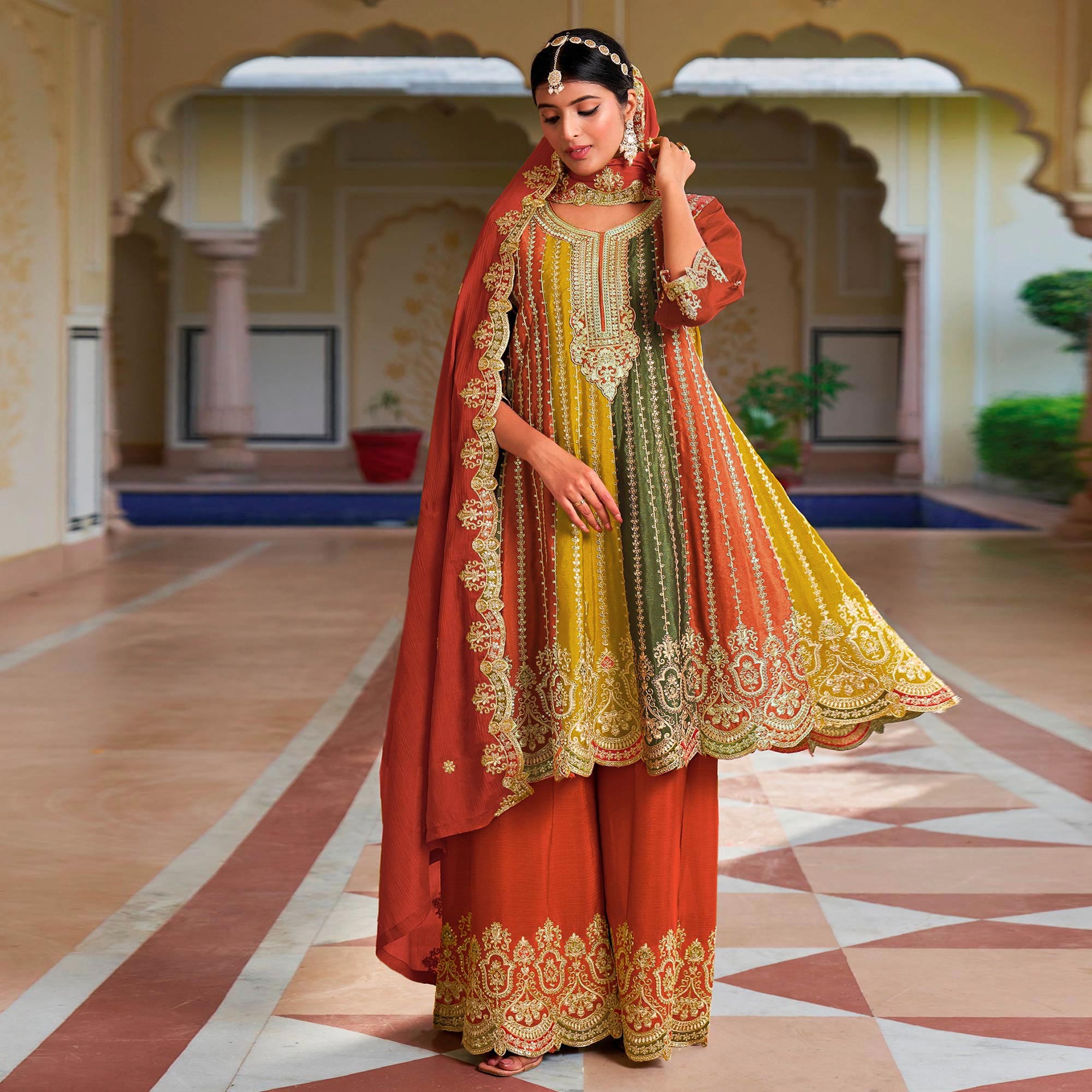 Rust Sequins Embroidered Chinon Semi Stitched Dress Material