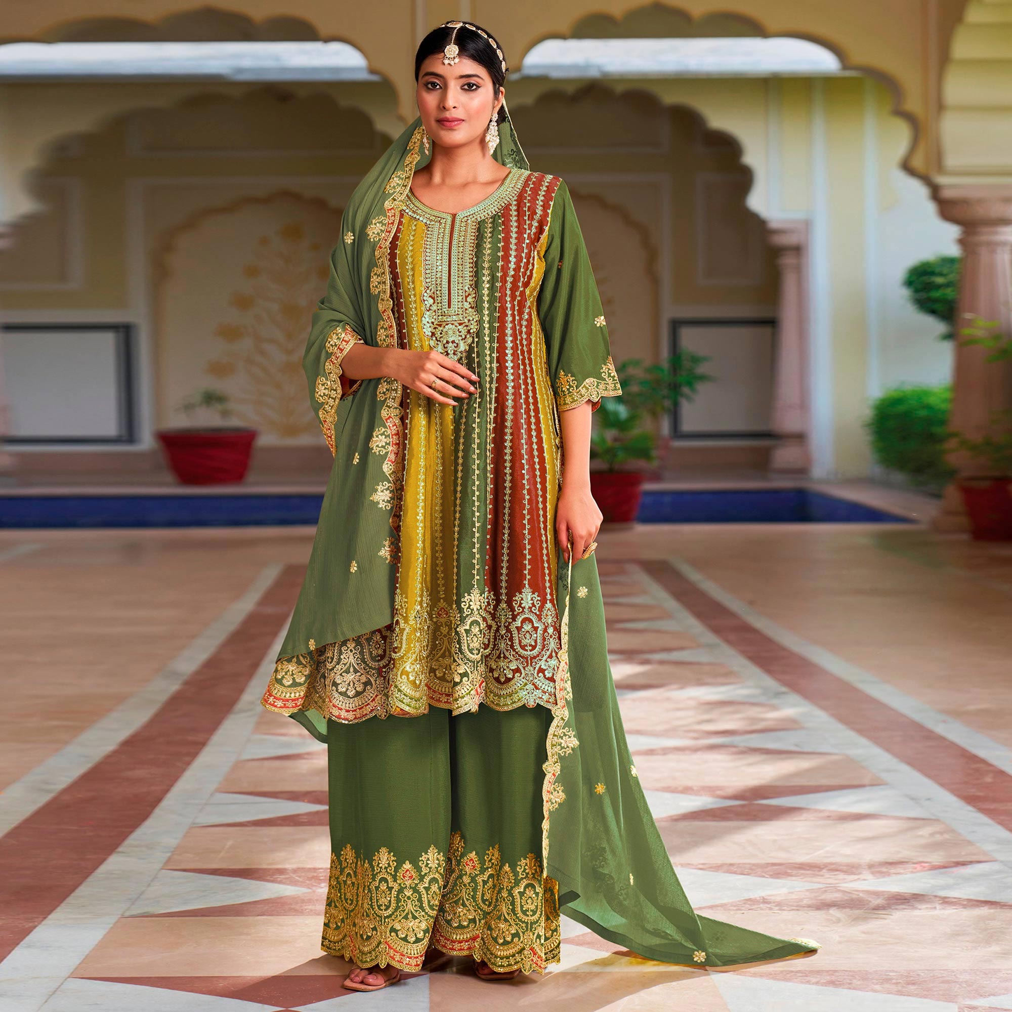 Green Sequins Embroidered Chinon Semi Stitched Dress Material