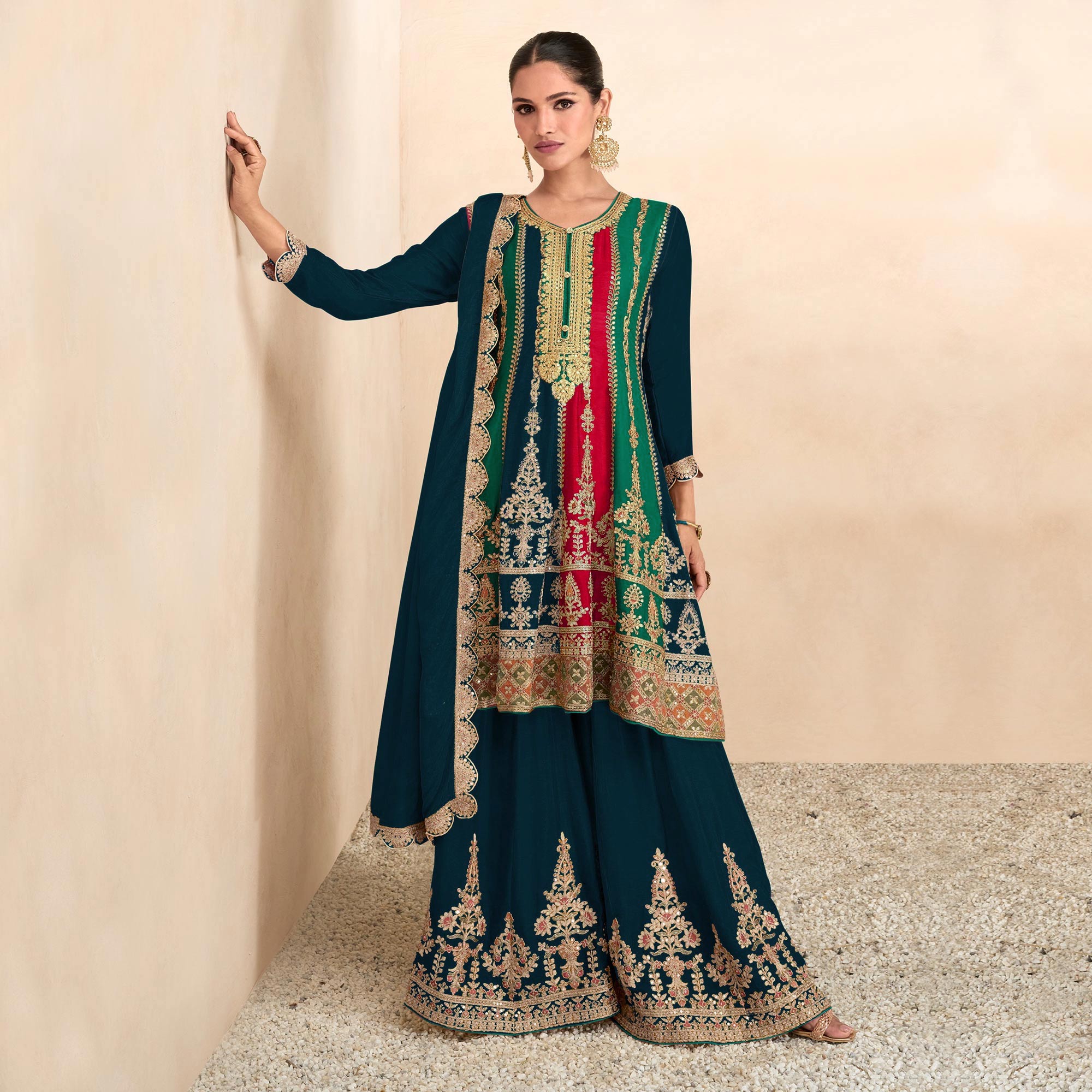 Morpich Sequins Embroidered Chinon Semi Stitched Sharara Suit