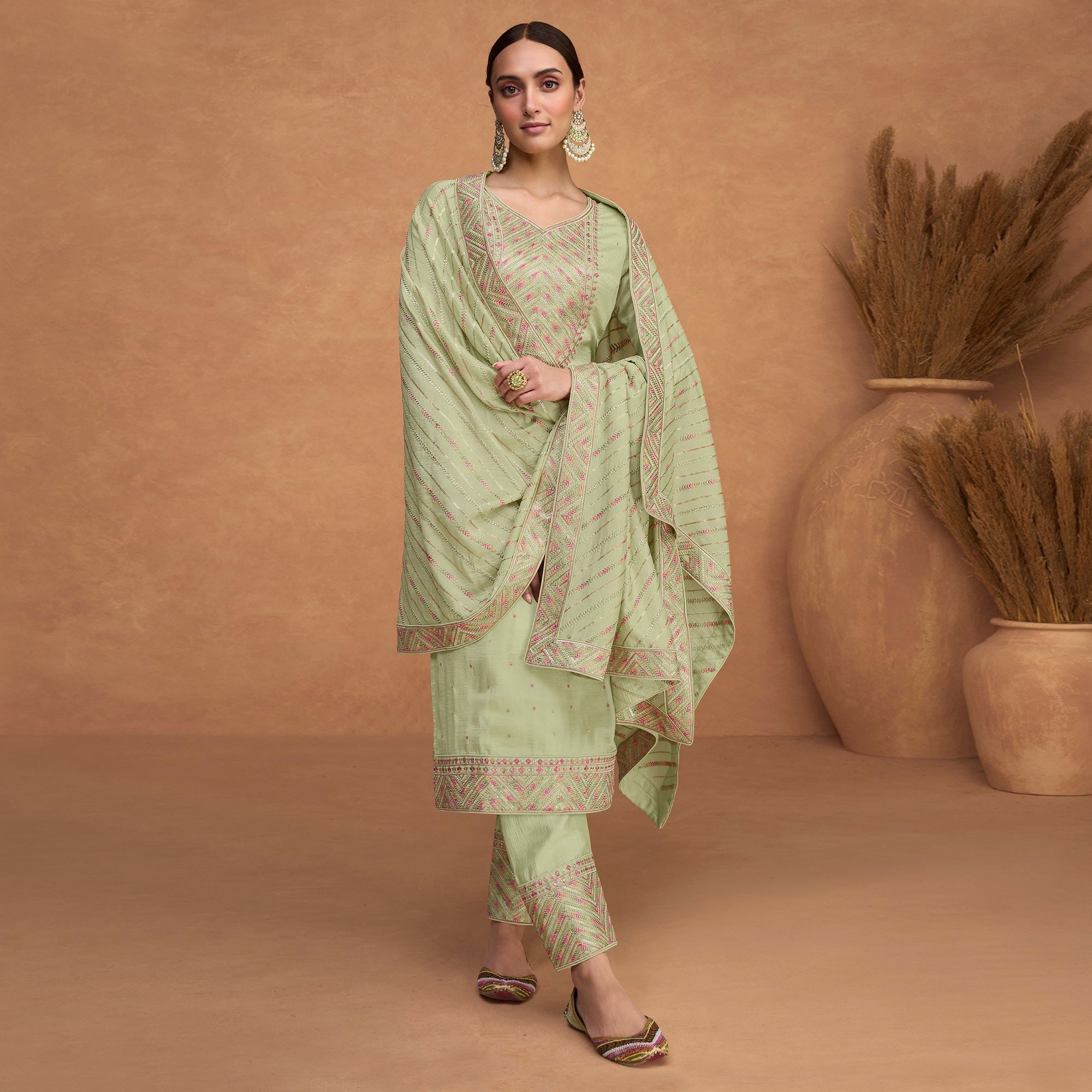 Green Sequins Embroidered Pure Silk Semi Stitched Suit
