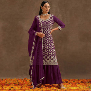 Purple Embroidered Georgette Semi Stitched Suit