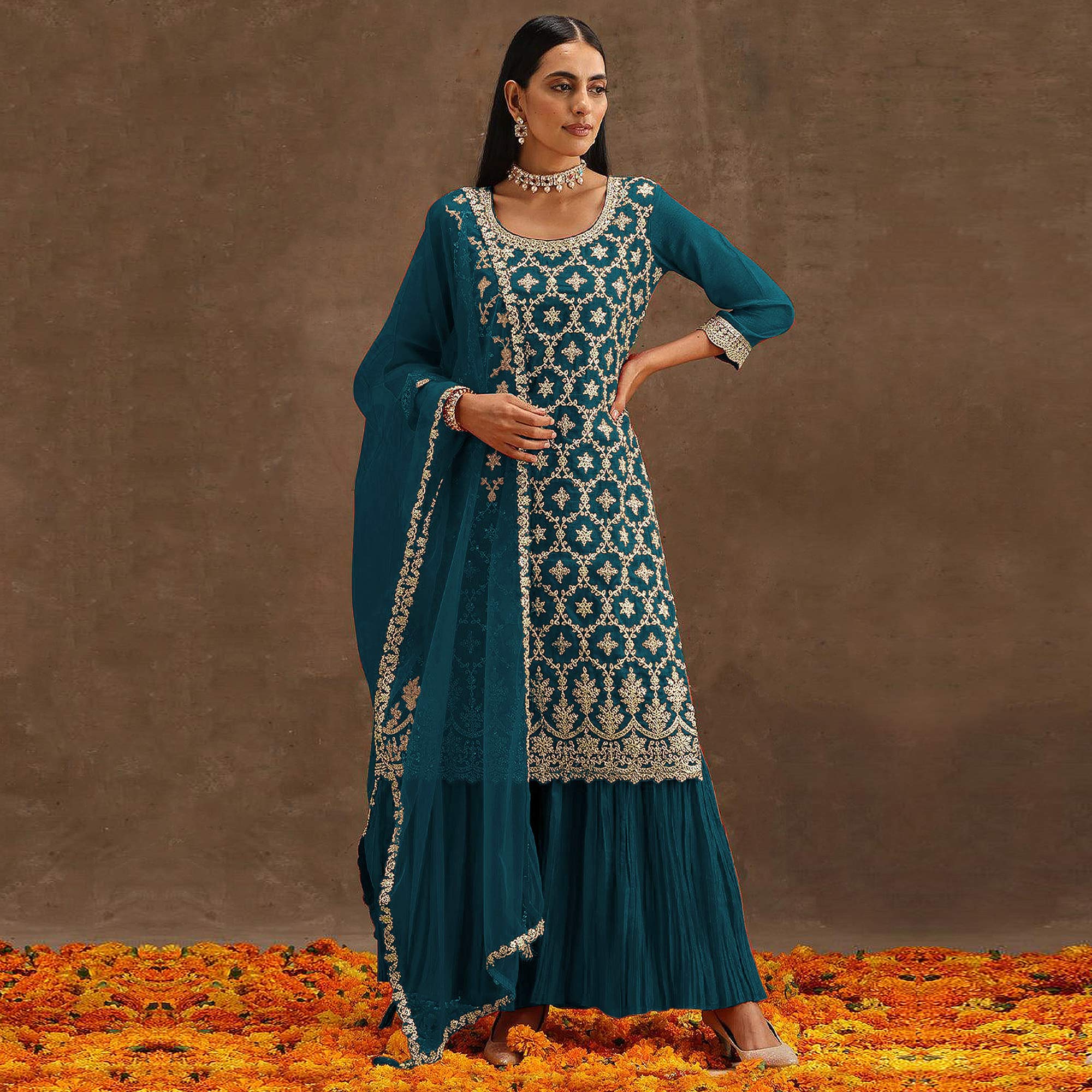 Teal Embroidered Georgette Semi Stitched Suit