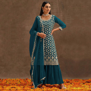 Teal Embroidered Georgette Semi Stitched Suit