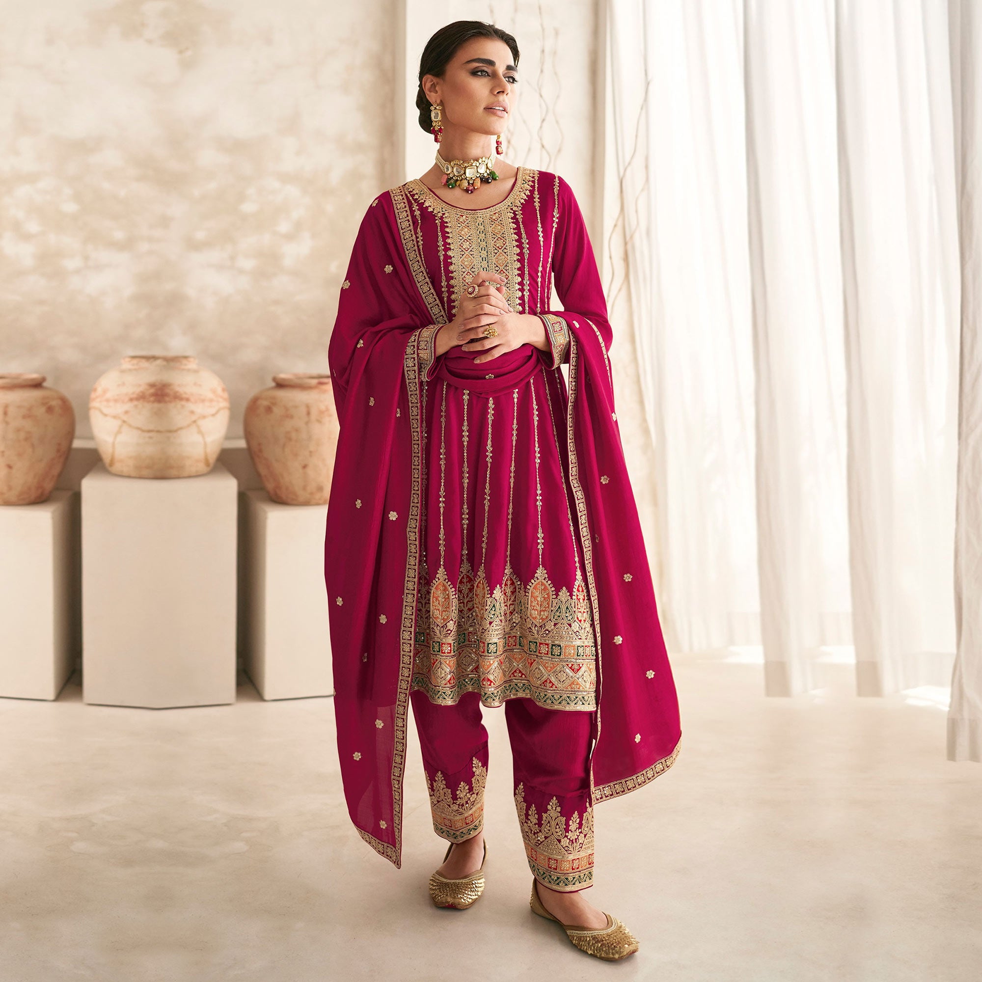 Magenta Sequins Embroidered Georgette Semi Stitched Anarkali Suit