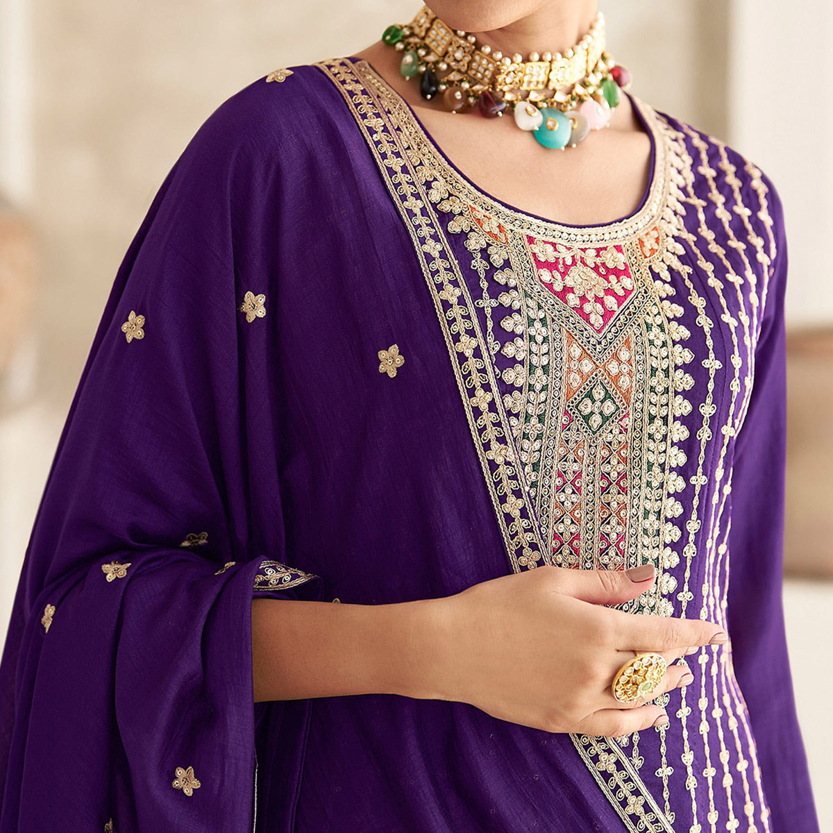 Purple Sequins Embroidered Georgette Semi Stitched Anarkali Suit