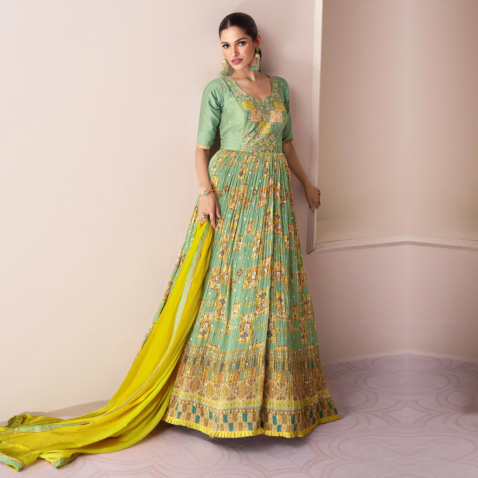 Green Embroidered With Printed Georgette Semi Stitched Anarkali Suit