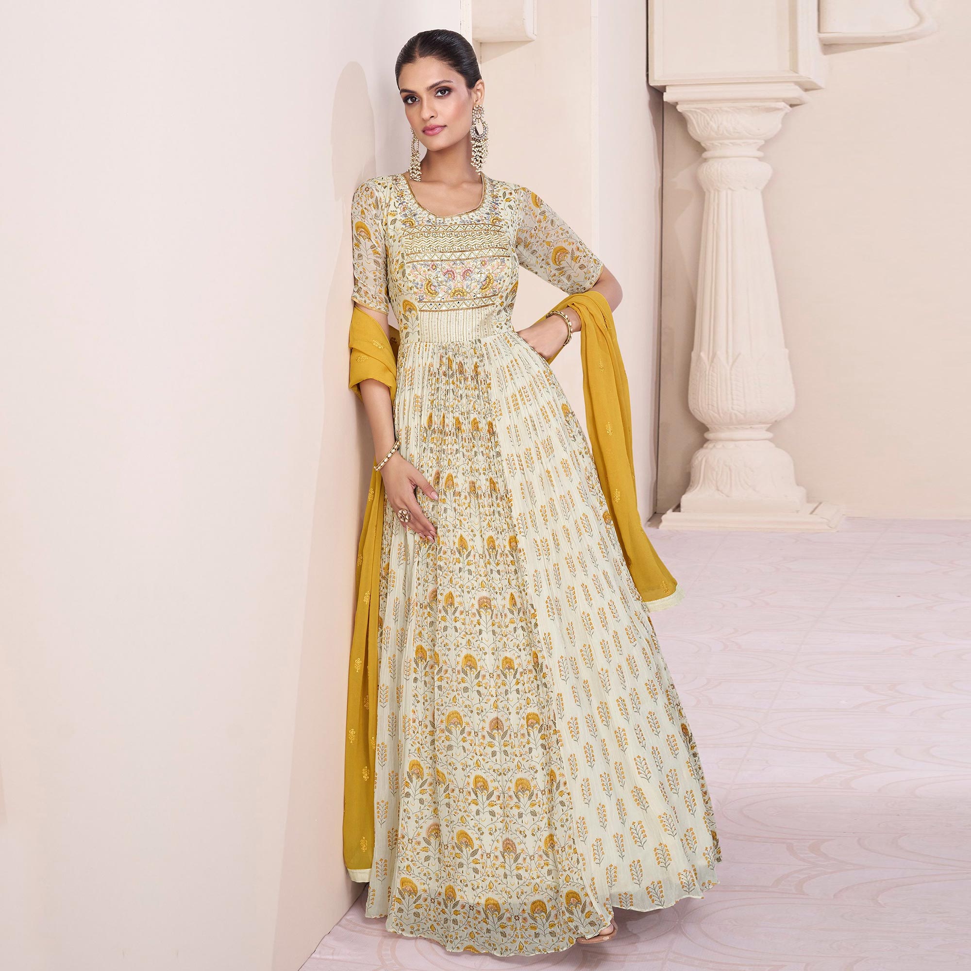Cream Embroidered With Printed Georgette Semi Stitched Anarkali Suit