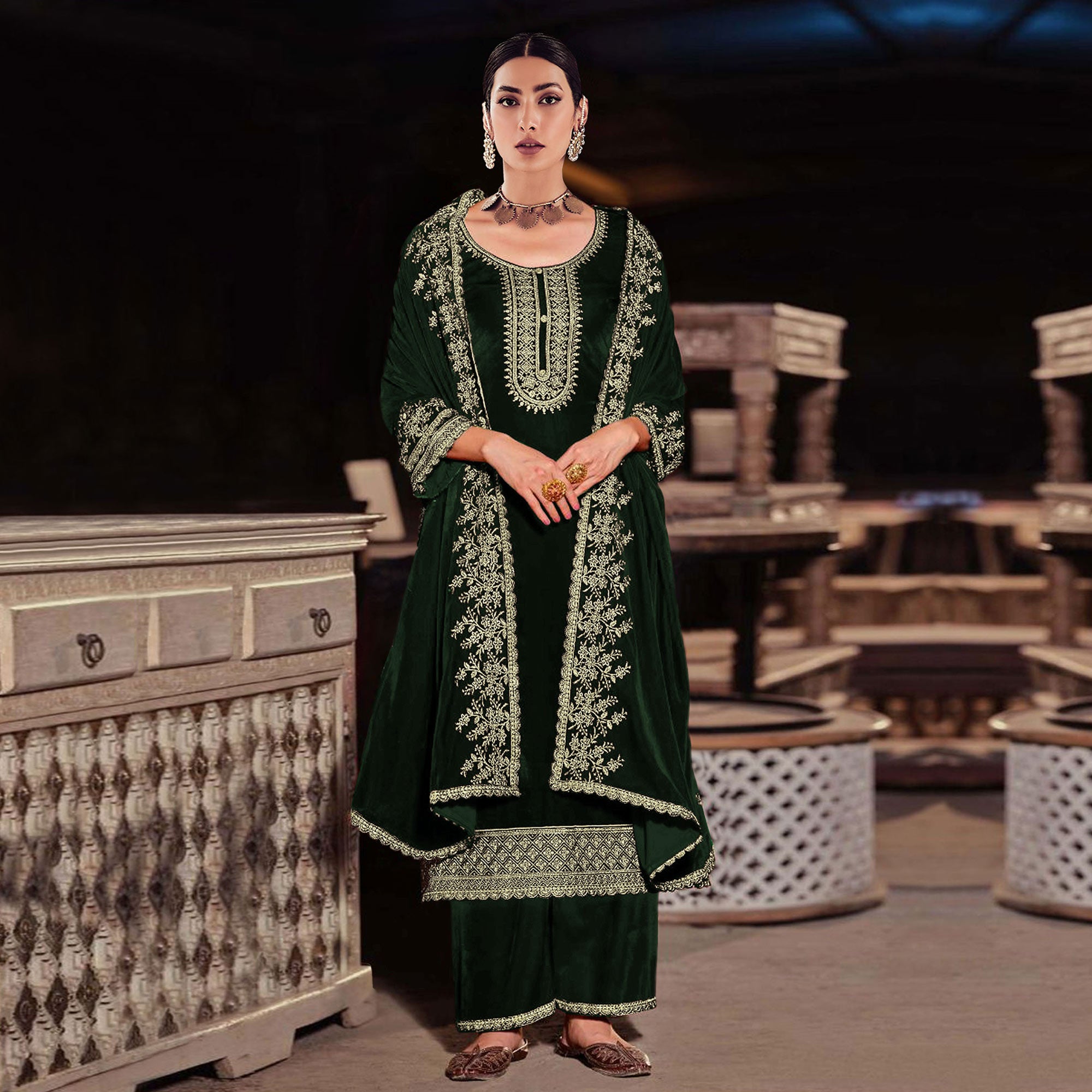 Green Floral Embroidered Velvet Semi Stitched Suit
