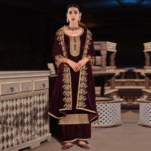 Wine Floral Embroidered Velvel Semi Stitched Suit