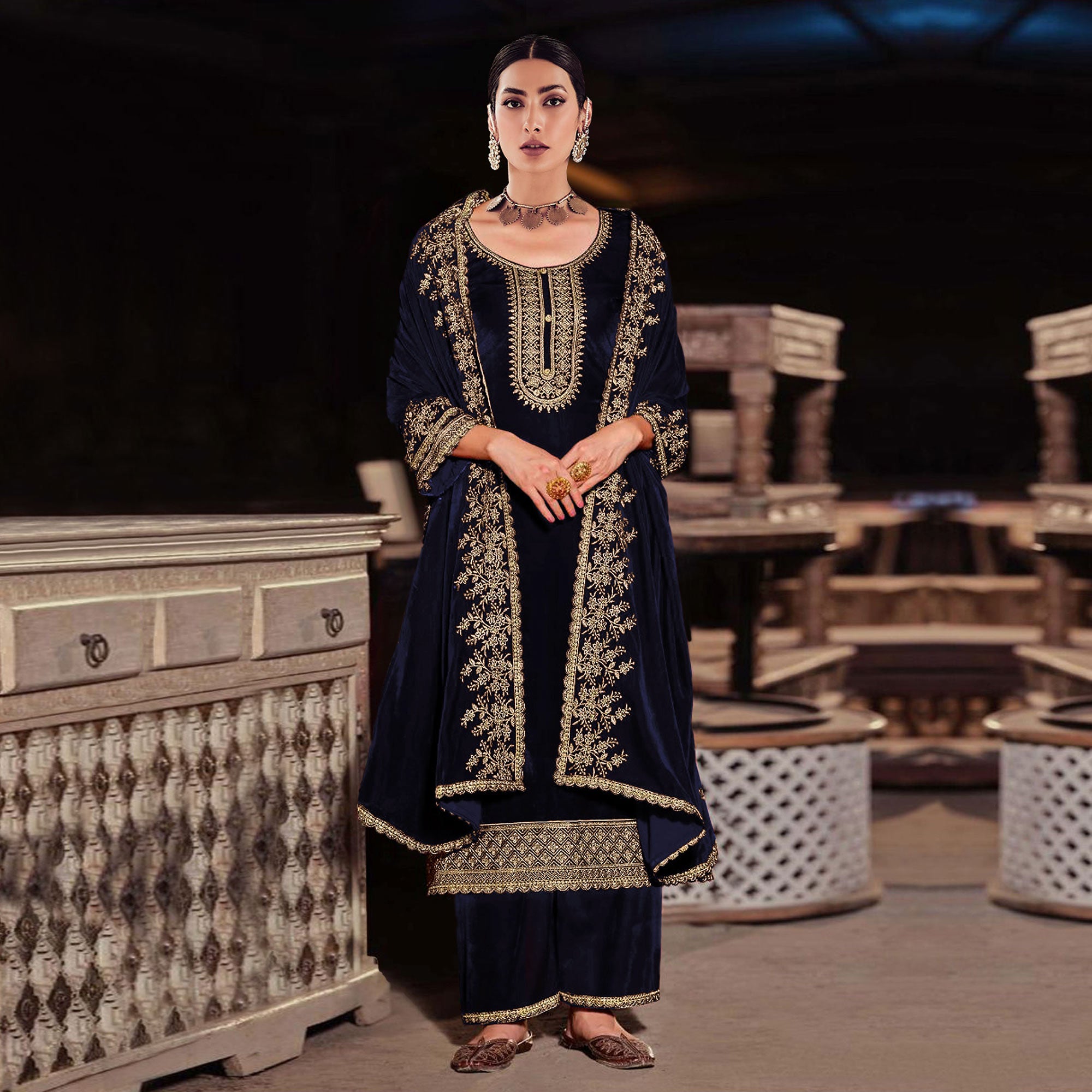 Blue Floral Embroidered Velvet Semi Stitched Suit