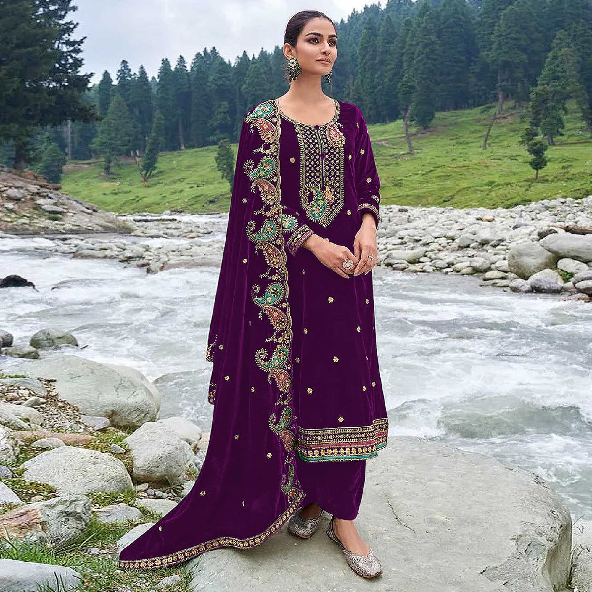 Purple Floral Embroidered Velvet Semi Stitched Salwar Suit