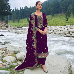Purple Floral Embroidered Velvet Semi Stitched Salwar Suit