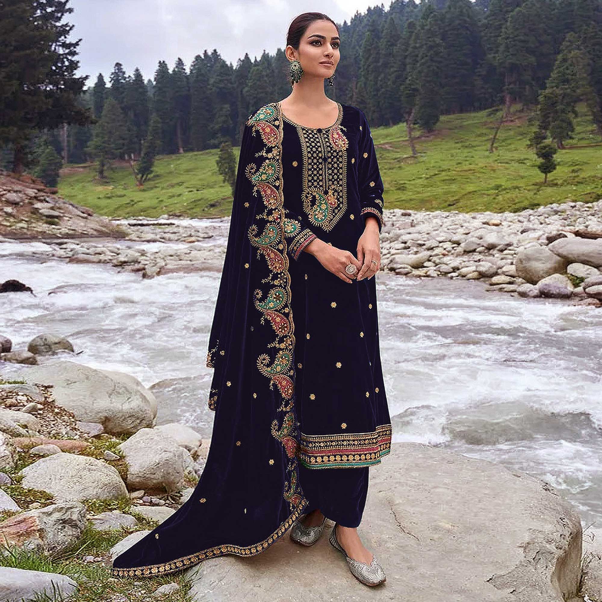 Navy Blue Floral Embroidered Velvet Semi Stitched Salwar Suit