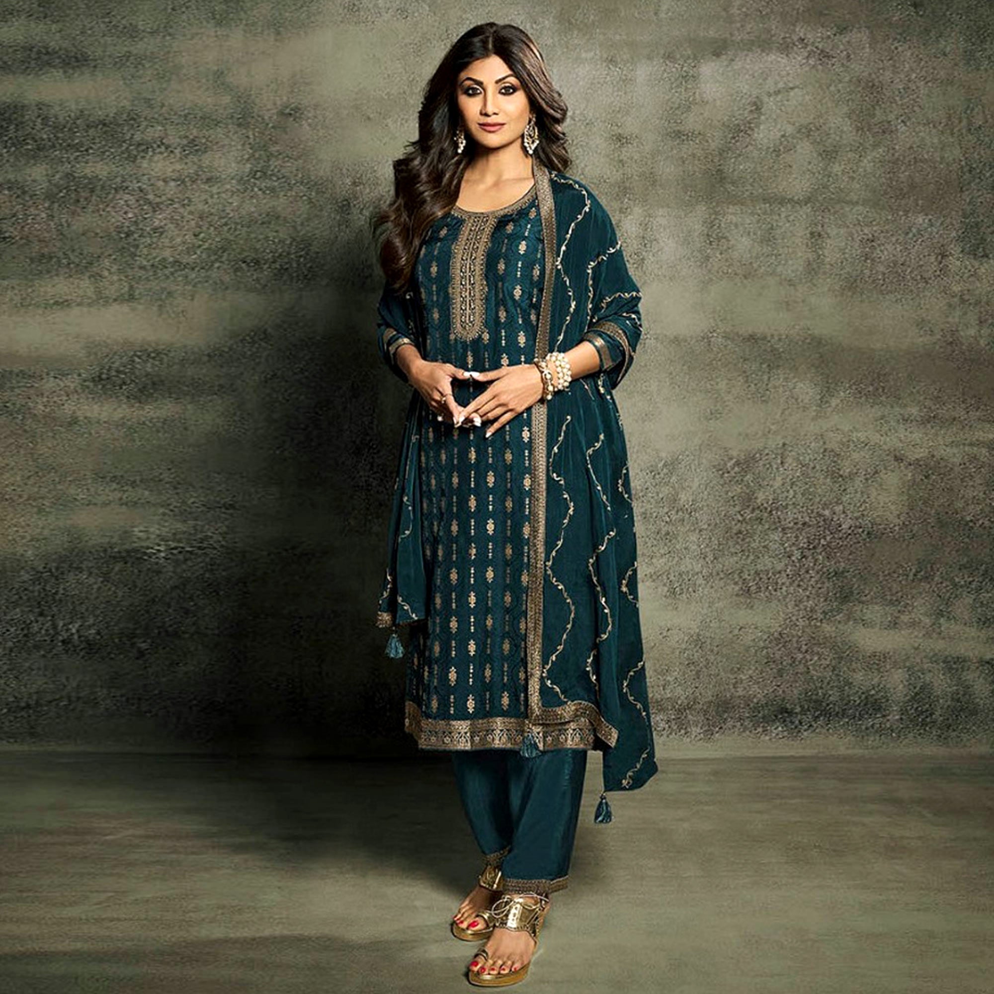 Teal Floral Woven Jacquard Semi Stitched Salwar Suit