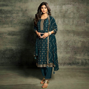 Teal Floral Woven Jacquard Semi Stitched Salwar Suit