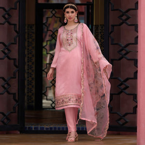 Pink Floral Embroidered Viscose Semi Stitched Suit