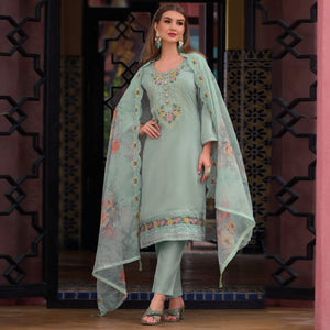 Blue Floral Embroidered Viscose Semi Stitched Suit