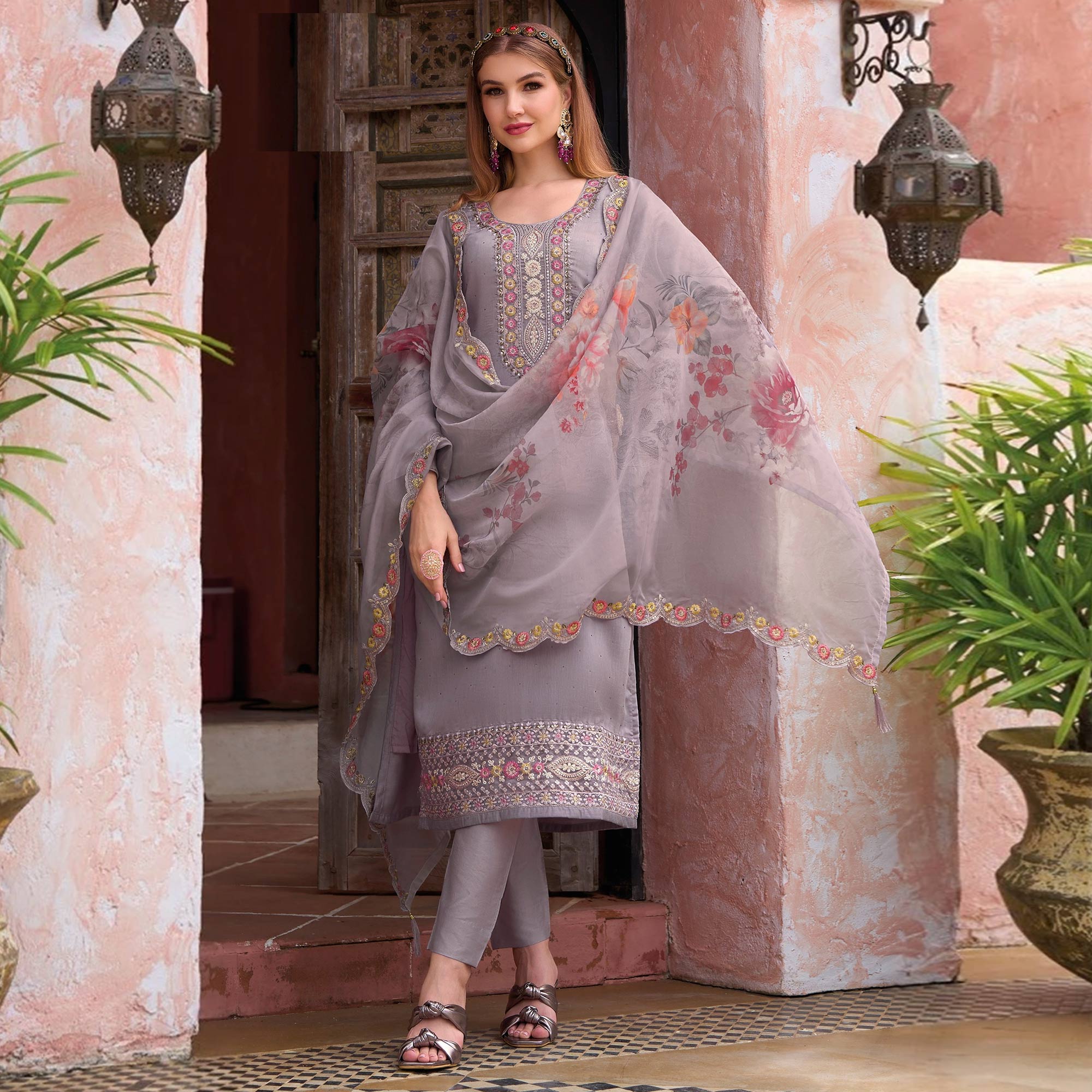 Purple Floral Embroidered Viscose Semi Stitched Suit