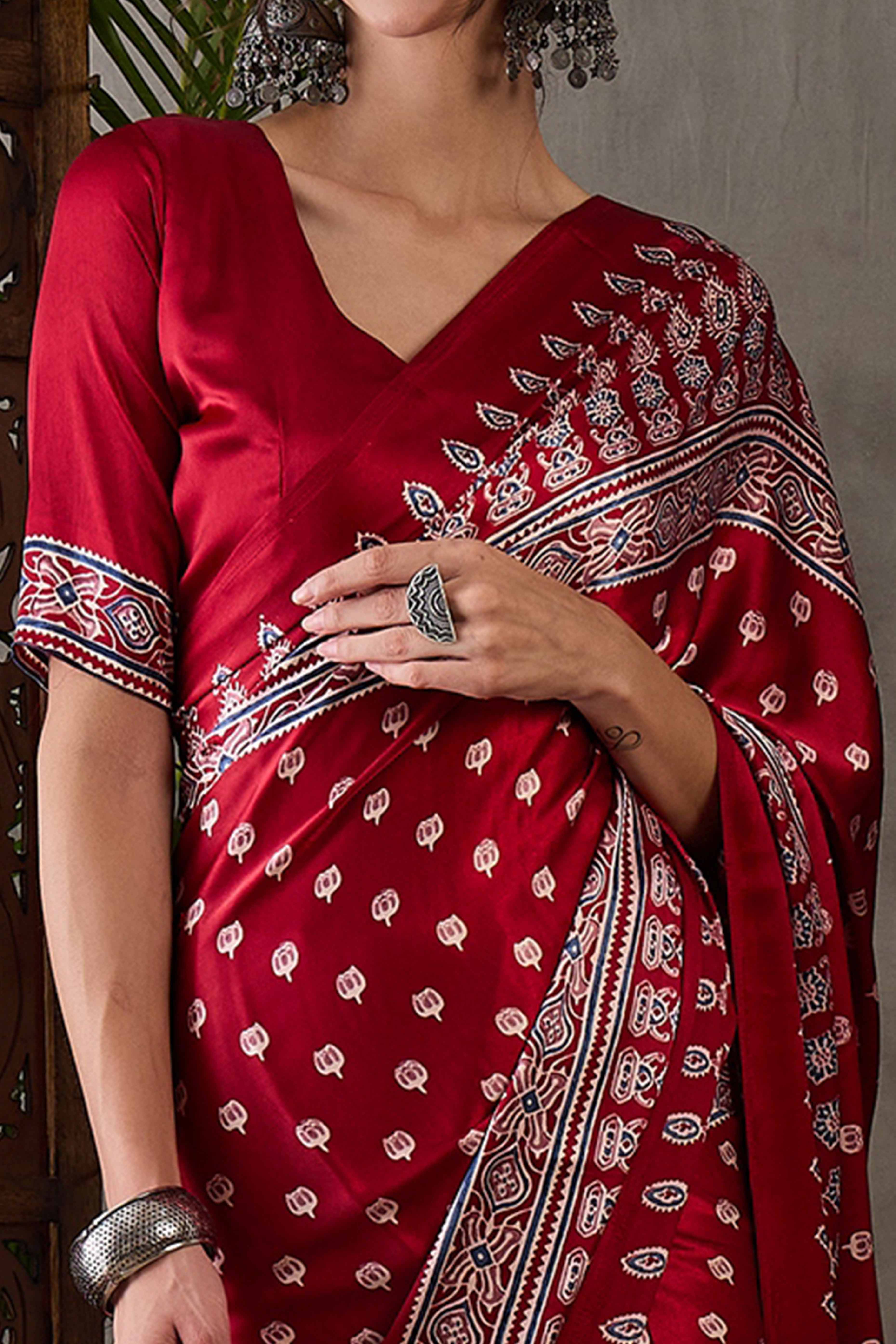 Red Ajrakh Inspired Printed Modal Satin Saree for Party Occasions
