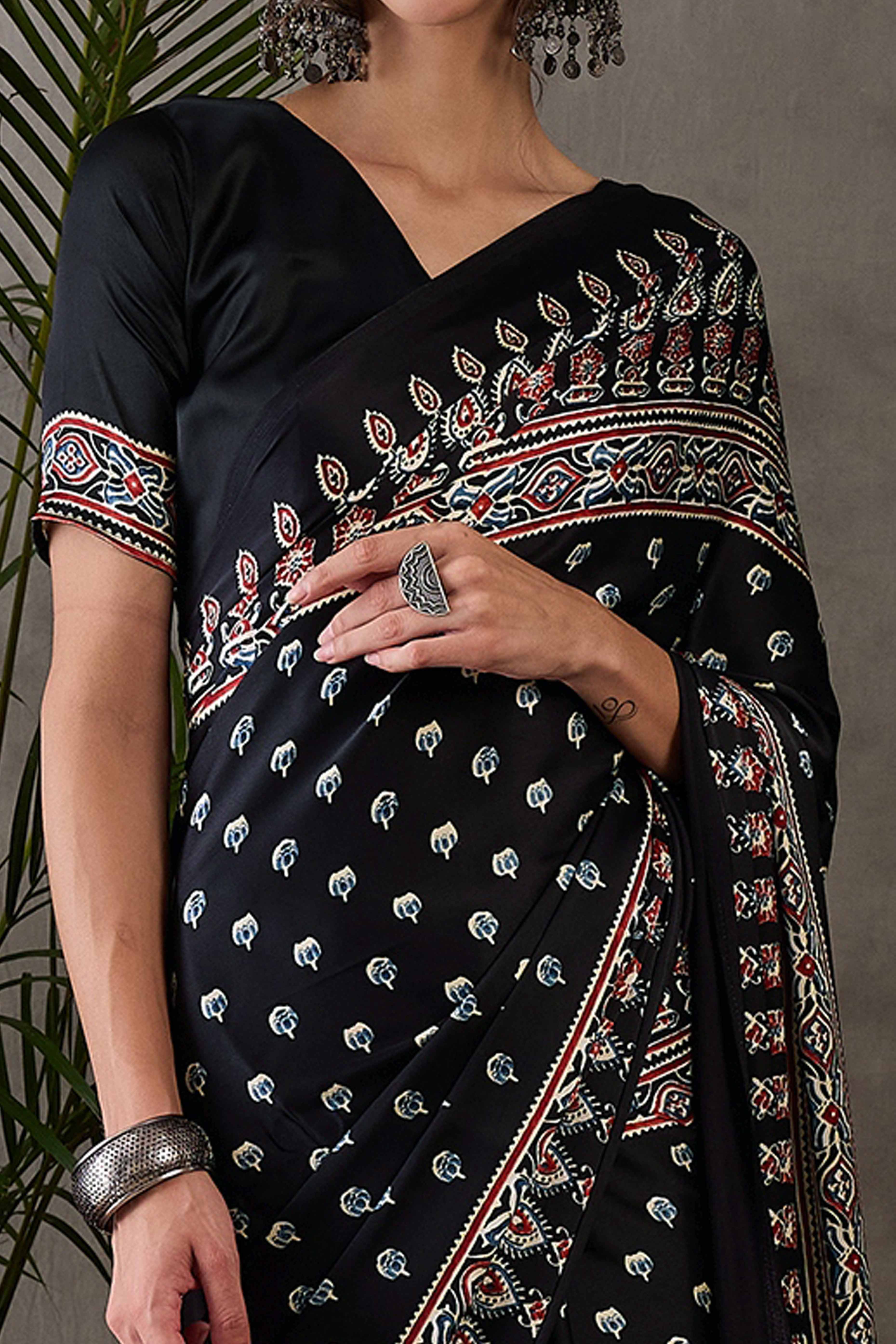 Black Ajrakh Inspired Printed Modal Satin Saree for Party Occasions