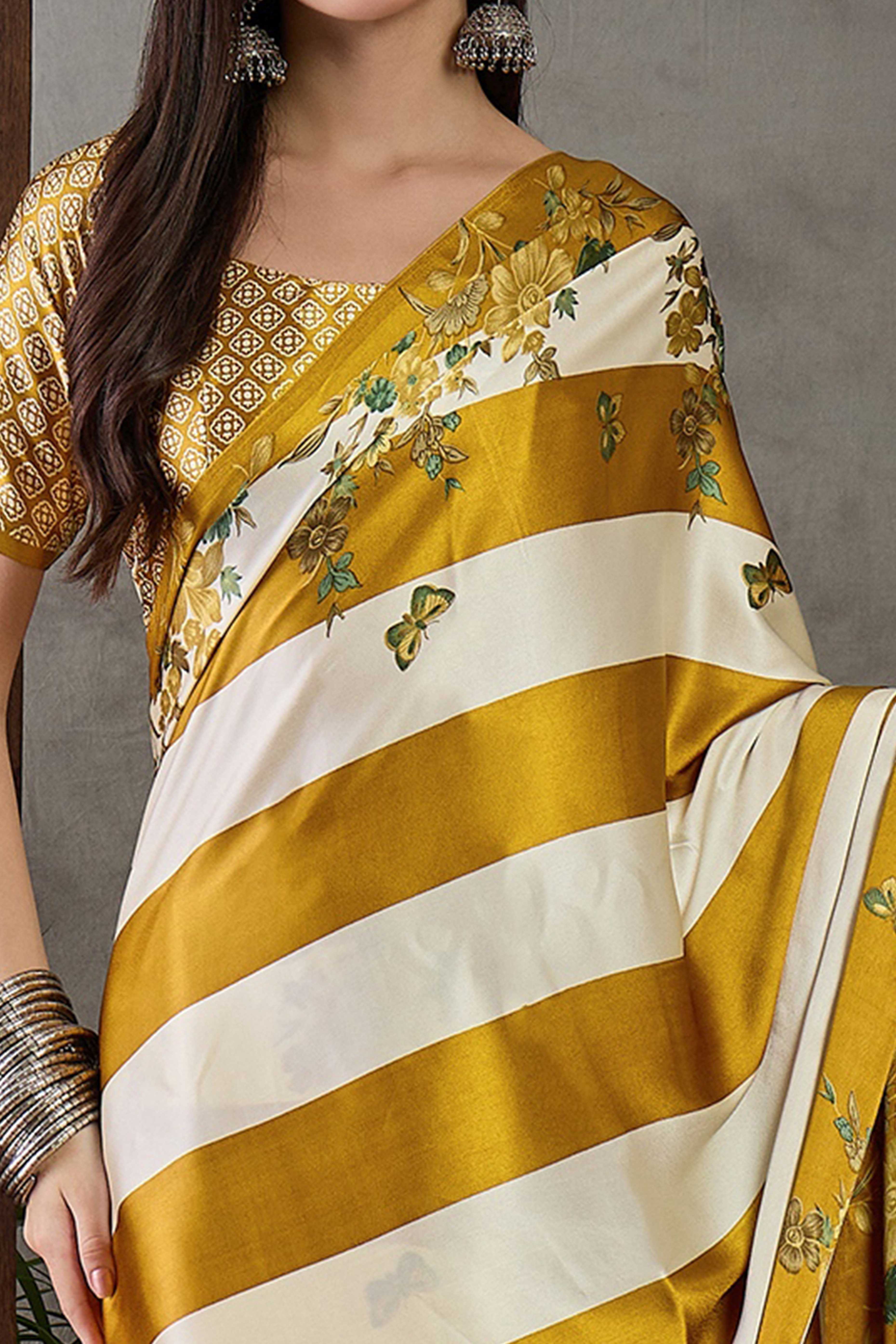 Olive Floral Printed Modal Satin Party Wear Saree with a Smooth Satin Finish