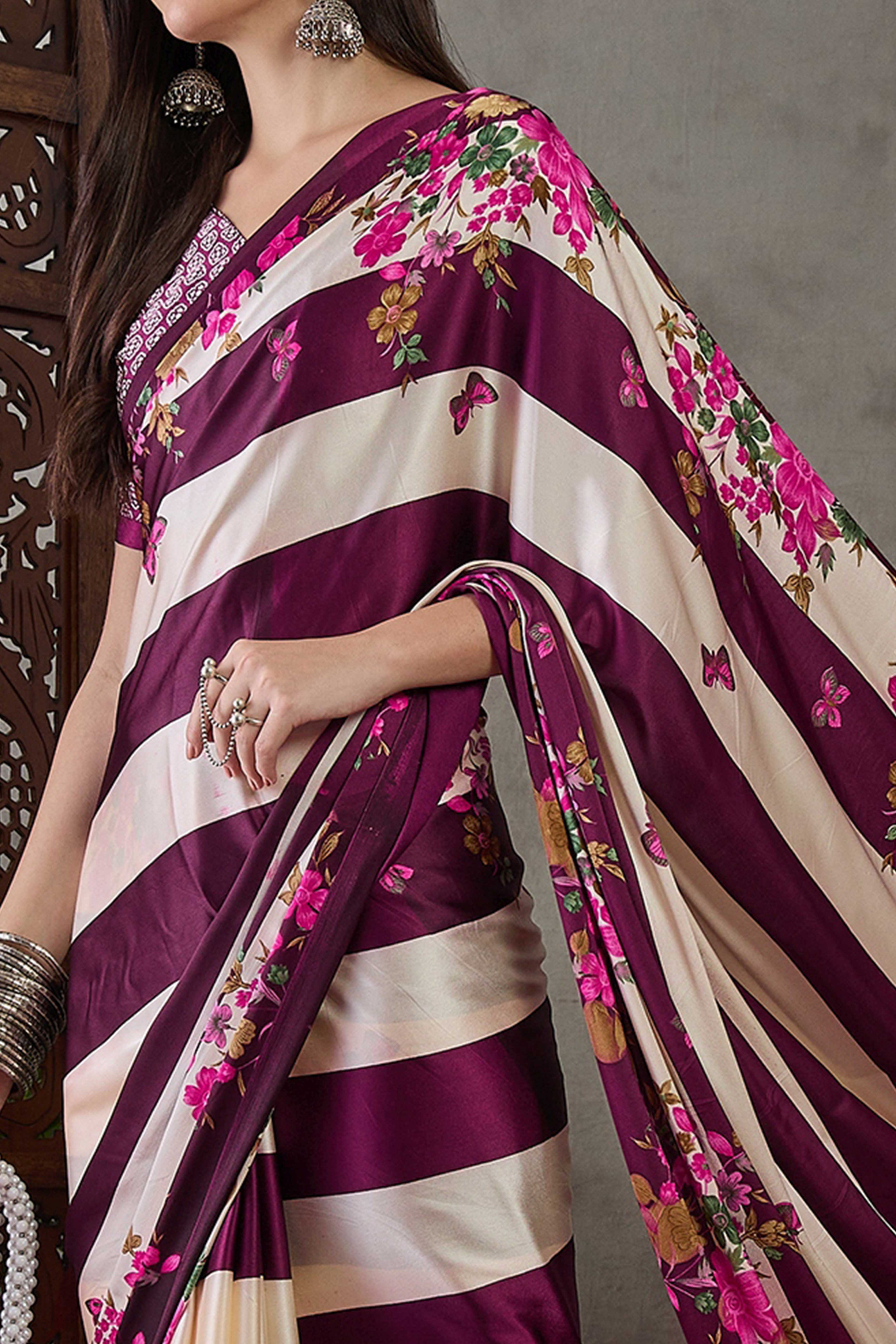 Wine Floral Printed Modal Satin Party Wear Saree with a Smooth Satin Finish