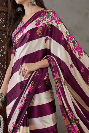 Wine Floral Printed Modal Satin Party Wear Saree with a Smooth Satin Finish