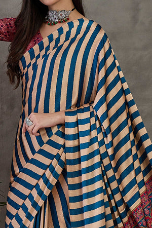 Blue Modal Satin Saree with Subtle Stripe Design and Ajrakh Print on Pallu