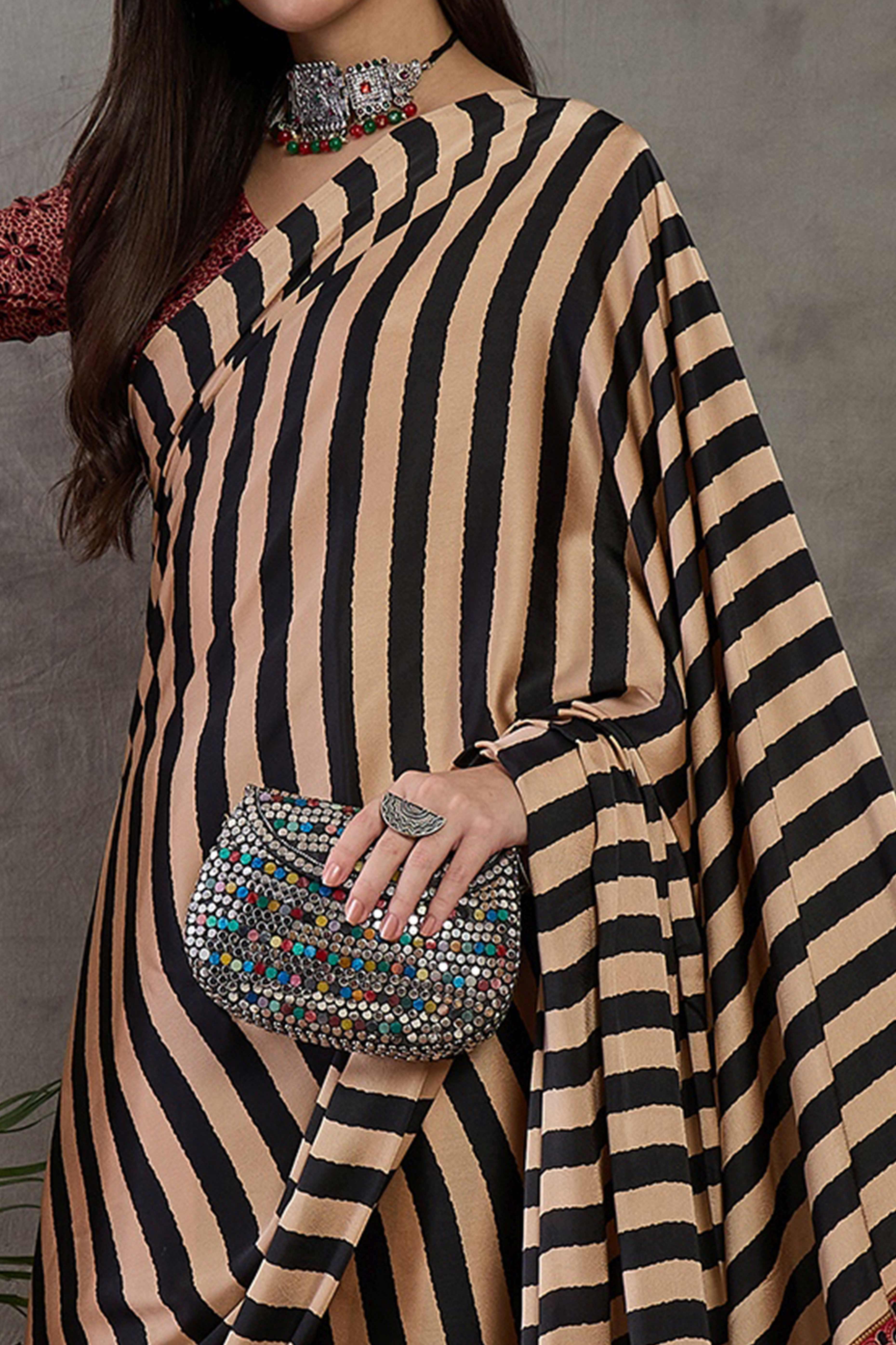 Black Modal Satin Saree with Subtle Stripe Design and Ajrakh Print on Pallu