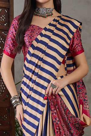 Purple Modal Satin Saree with Stripe Design and Ajrakh Print on Pallu