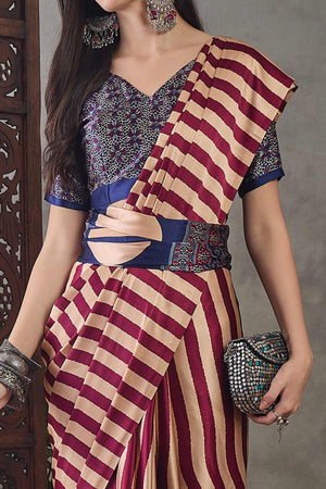 Wine Modal Satin Saree with Subtle Stripe Design and Ajrakh Print on Pallu